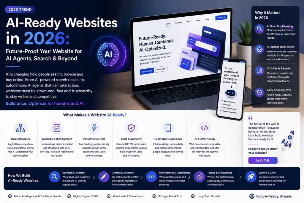 Hero banner announcing AI-Ready Websites in 2026 with a laptop showing a website and a glowing AI brain icon on the left.