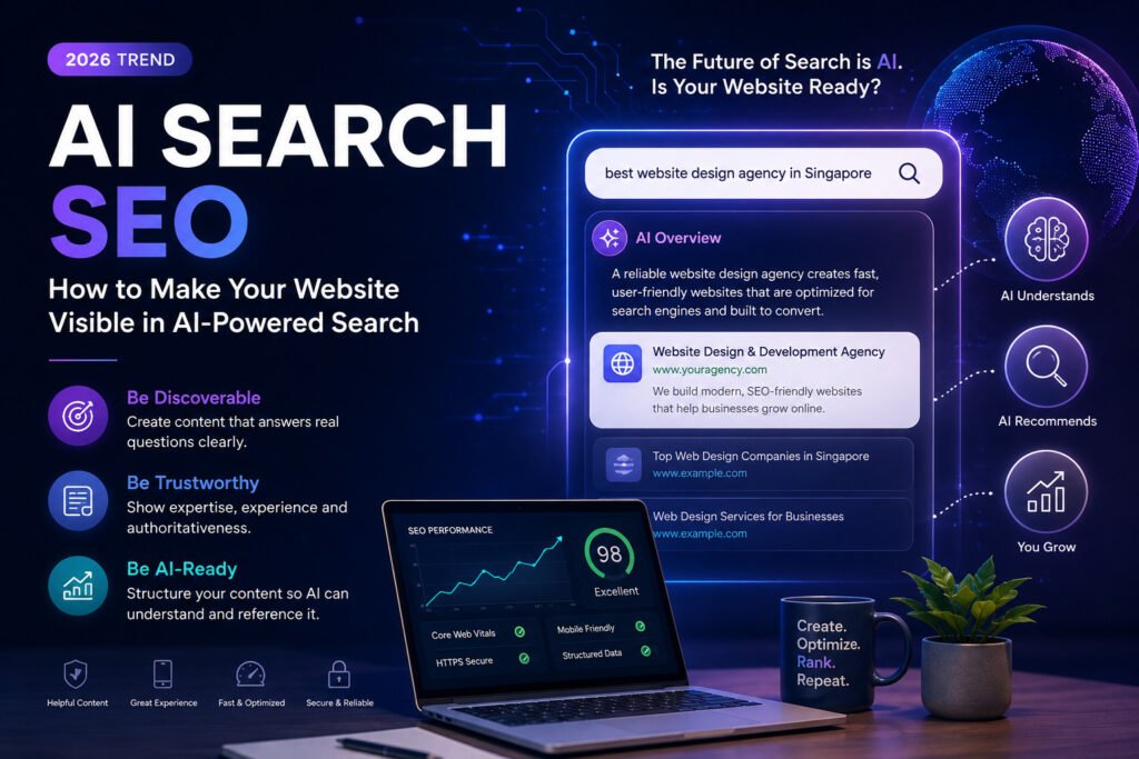 Promotional poster about AI-powered search and SEO, featuring a laptop and coffee mug on a dark blue background with neon accents.