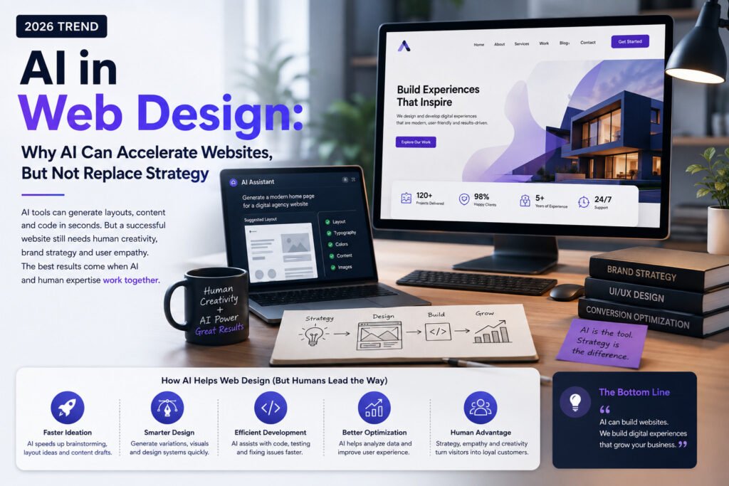 Hero layout promoting AI in Web Design with a computer monitor, tablet, notebook, mug, and stack of books on a desk; bold headline 'AI in Web Design' and supporting text on the left.