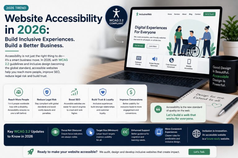 Infographic hero about Website Accessibility in 2026 with a WCAG 2.2 badge and a laptop screen showing accessible design features.