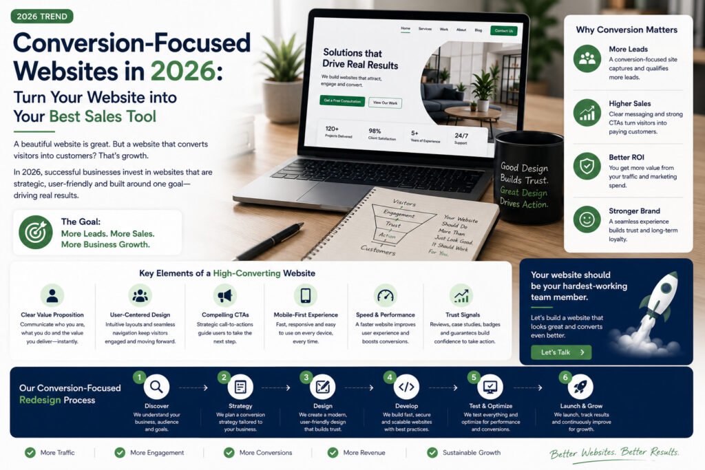 Infographic hero titled 'Conversion-Focused Websites in 2026' with a laptop, notebook, mug, and right-side benefits panel on a desk.
