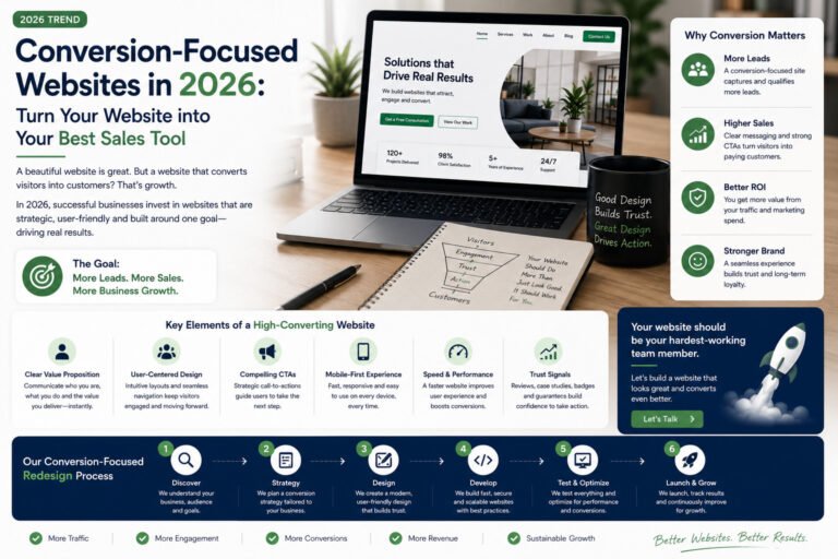Infographic hero titled 'Conversion-Focused Websites in 2026' with a laptop, notebook, mug, and right-side benefits panel on a desk.