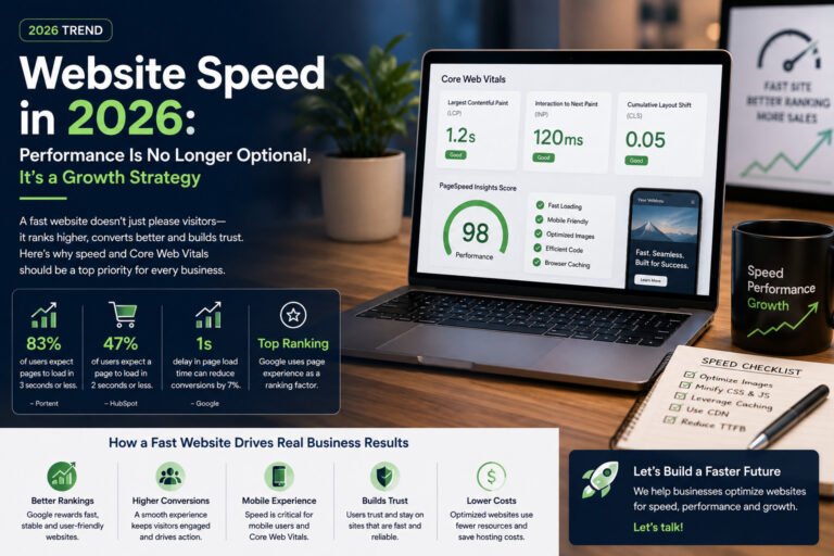 Hero banner: headline 'Website Speed in 2026' with a laptop displaying performance metrics on a desk (plant and mug nearby).
